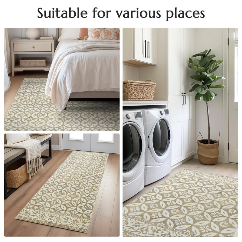 Tapis géométrique antidérapant lavable à la machine taupe, Rectangulaire 2 pi x 3 pi