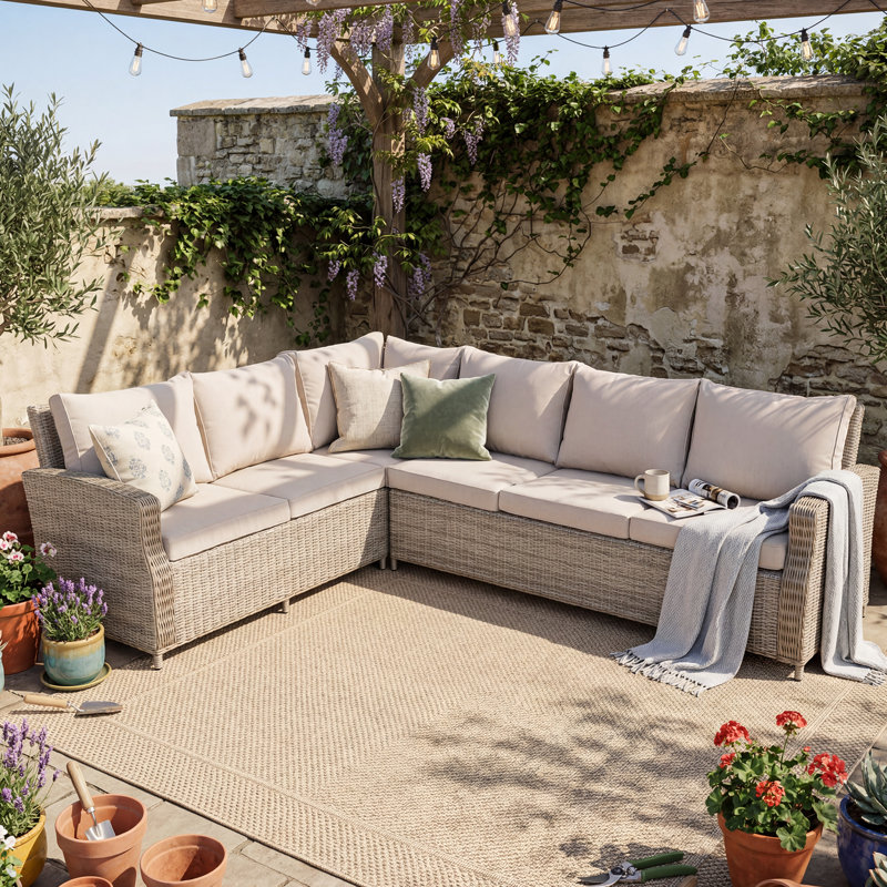 Dhirpal 104.25'' Wide Outdoor Aluminum & Wicker L-Shaped Patio Sectional Set with Cushion
