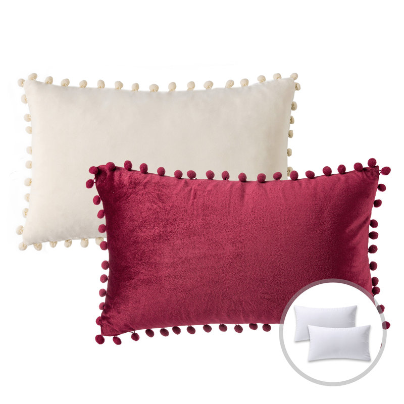 Two-Tone Velvet Throw Pillow with Pom Pom Trim, Rectangle 12"H x 20"W, Offwhite + Navy