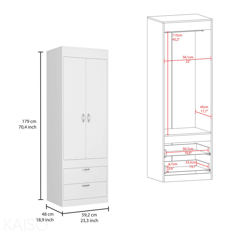 Armoire, tringle, porte double, deux tiroirs, poignées en métal blanc, Blanc