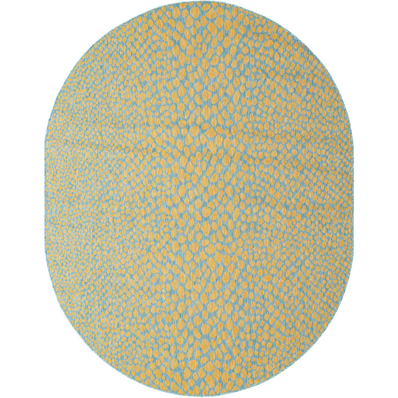Outdoor Destiny Rug Teal-Yellow Color, Oval 7'10" x 10'
