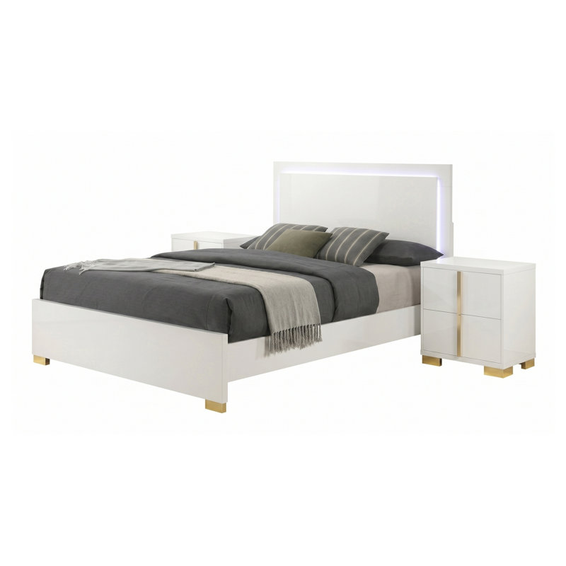 Ensemble de chambre à coucher 3 pièces Josephine Eastern King avec tête de lit DEL, commode et table de chevet en bois d'ingénierie noir