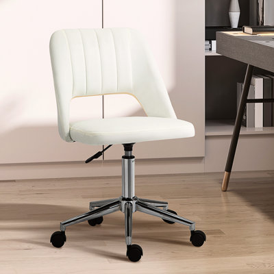 Fauteuil de bureau à dossier moyen en velours blanc crème, réglable en hauteur de 18 po à 22,75 po, sans accoudoirs pour économiser de l'espace, fauteuil en velours confortable à dossier moyen, pivotant d'une hauteur de 22,75 po,