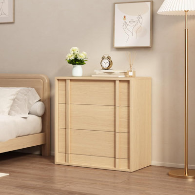 Table de chevet à 3 tiroirs en bois avec poignées verticales intégrées, table de chevet moderne à glissement en douceur avec ensemble anti-basculement pour chambre à coucher, vestibule, salon et dortoir, bois naturel