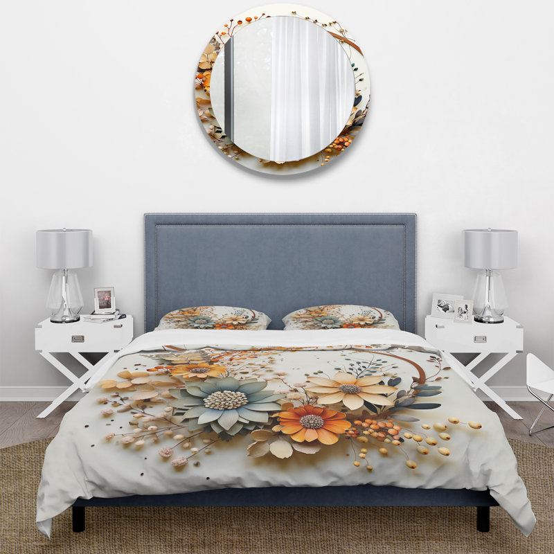 Couronne de fleurs beige et orange I - Ensemble de housse de couette floral - Polyester microfibre