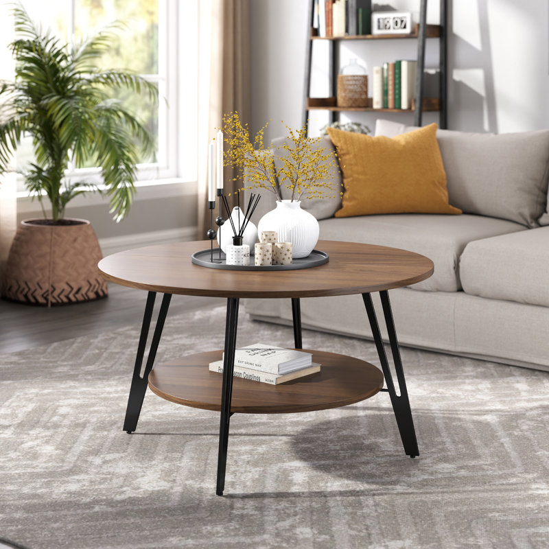 Omar 2 Tier Round Coffee Table With Storage, Center Table  with Solid Iron Legs For Living Room, Brown