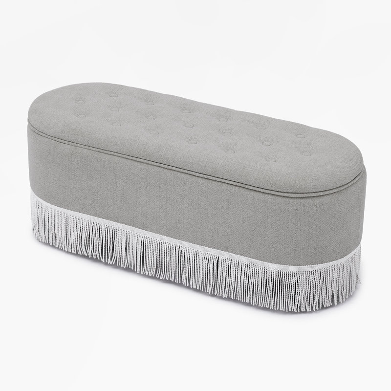 Banc de rangement ovale capitonné avec siège rabattable et bordure à franges, Lin gris