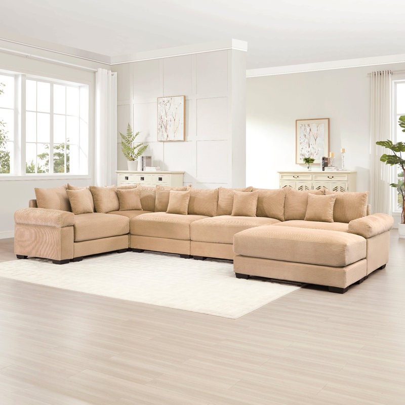 Kojka Convertible Corduroy Sectional Sofa with Thick Armrests & Movable Ottoman, Camel Corduroy