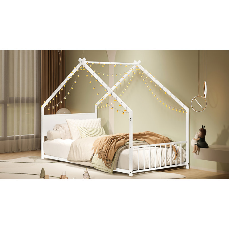 Lit simple en blanc, structure en métal avec 13 lattes et lumières à DEL colorées, convient aux adolescents, aucun sommier nécessaire, stable en fer, jeune