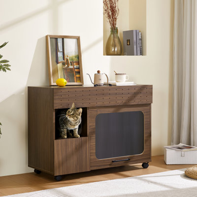 Walnut Cat Litter Box House With Storage - Practical Flip-Up Door & Thoughtful Channel Finish Spacious For Pet Owners