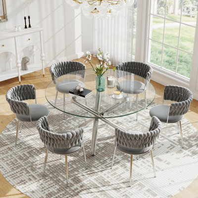 Ensemble de salle à manger sur pied moderne en verre trempé avec chaise de salle à manger en velours Weaven