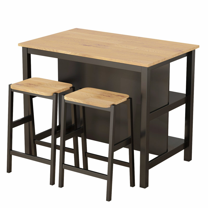 3 Pcs Dining Table Set, Rustic Retro Breakfast Table Dining Stools, Kitchen Table Set, Black, Natural/Black