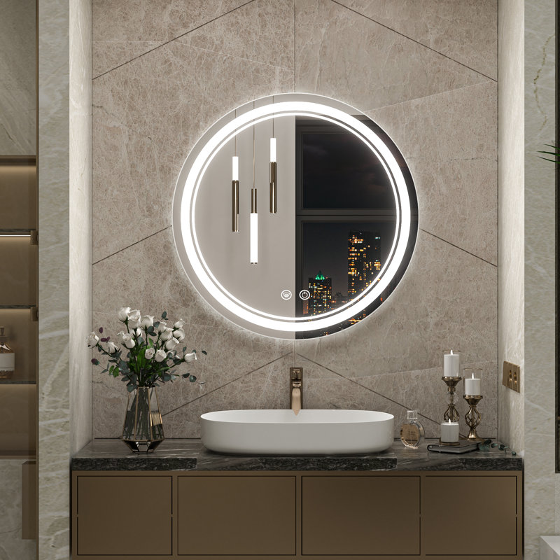 Lashonta Round Frameless Frontlit Bathroom Mirror with Stepless Brightness Adjustment, 3 Color Temperature & Defog Function