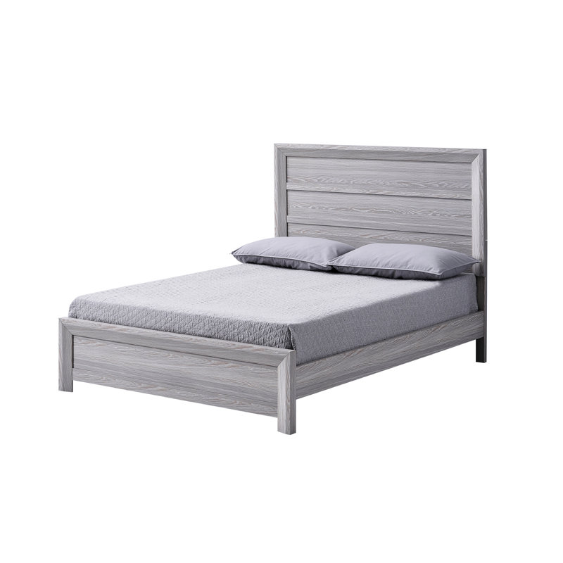 Grand lit contemporain en bois gris avec tête de lit rustique et structure robuste, Grand lit