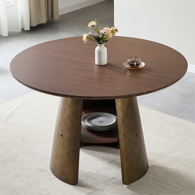 Table de salle à manger ronde de 47,25 pouces, style rétro, texture brossée, convenant à 4 à 6 personnes, plateau de table en panneau de fibres à densité moyenne, structure en métal, bois de noyer, couleur bronze.