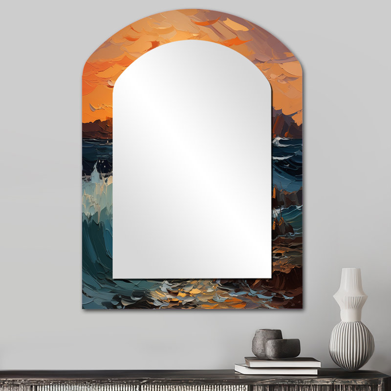 Abstrait lyrique orange sarcelle Lyrical Sunset - miroir mural orange moderne, 34 po x 25 po