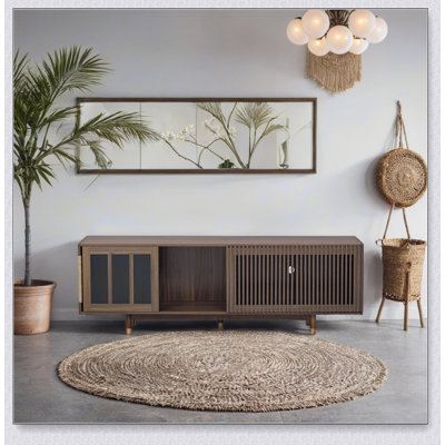 Mid-century modern style Walnut TV STAND Cat house pet friendly With Sliding door flip-down