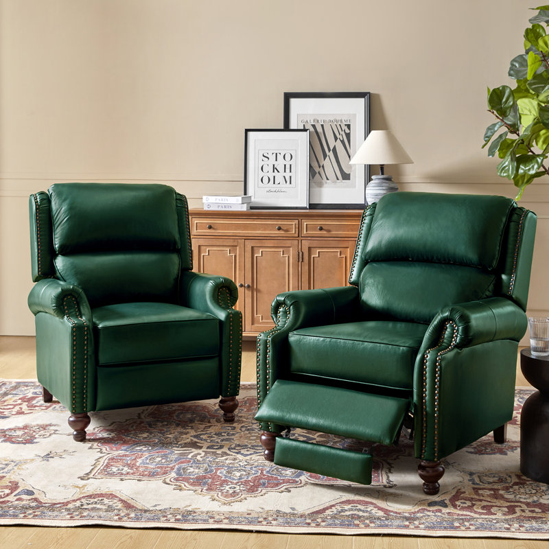 Fauteuil inclinable en cuir véritable Anre avec garniture cloutée, Cuir véritable vert
