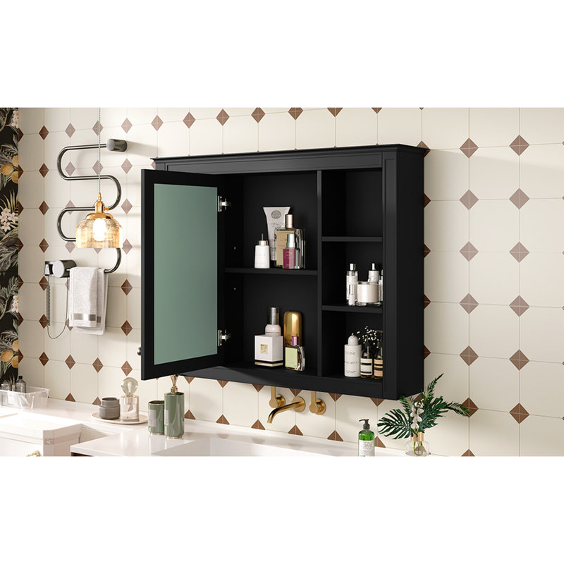 Wall Mounted Bathroom Cabinet, 35''X27.5'', Modern Design, 5+ Shelves, Black 35''X27.5'' Mirror Versatile Storage, Black, Construction