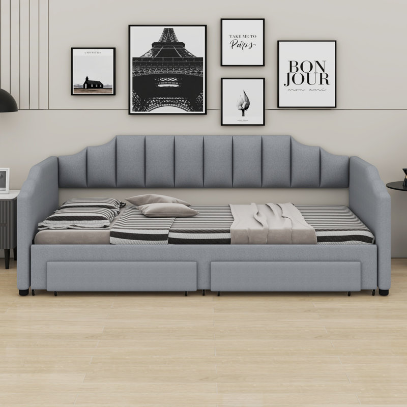 Lit de jour rembourré extensible avec tiroirs de rangement et lumière DEL, Gris
