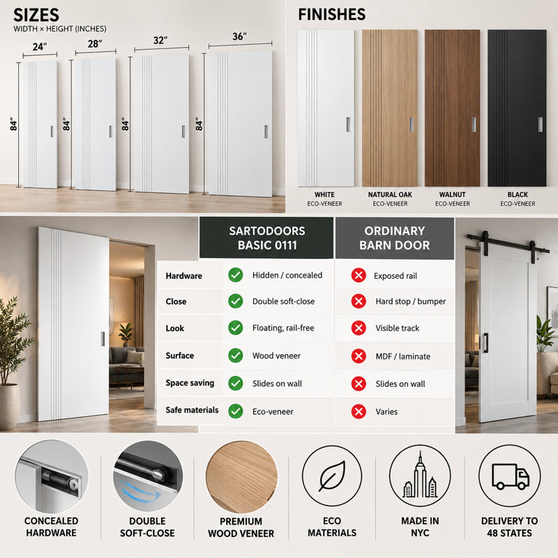 Portes coulissantes dissimulées Hidden Barn Basic 0111 en placage de bois blanc arctique, ensemble Magic 42 po x 96 po