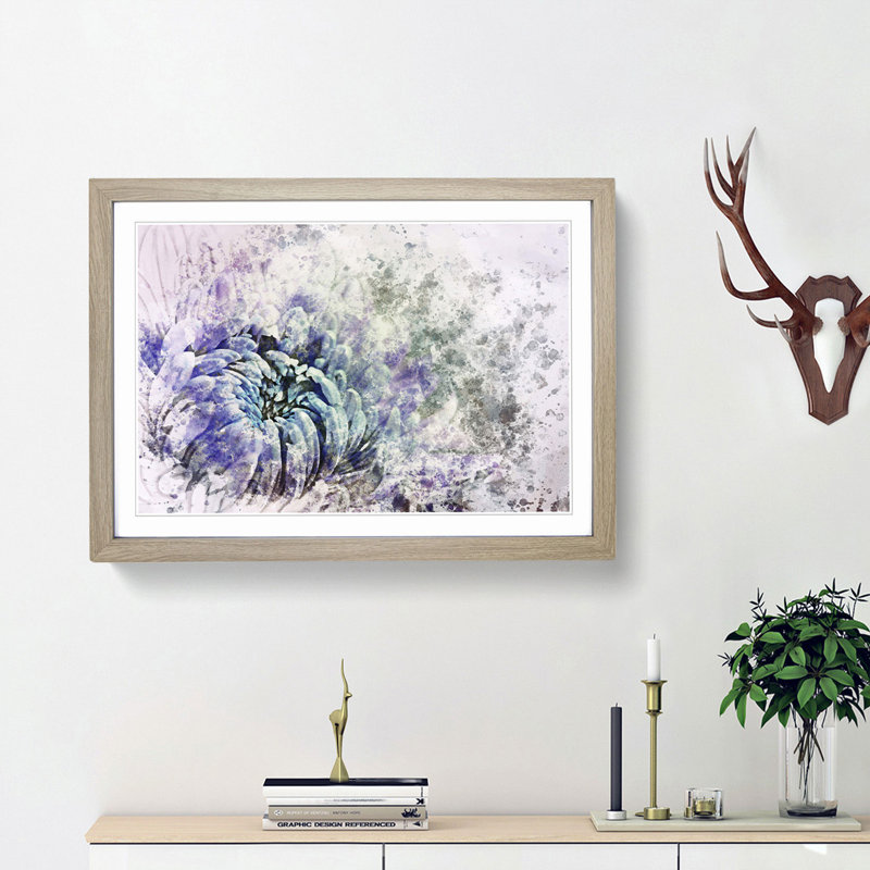 Lilac & Blue Chrysanthemum in Abstract - Picture Frame Painting Print, 48cm H x 65cm W x 2cm D, Oak Framed