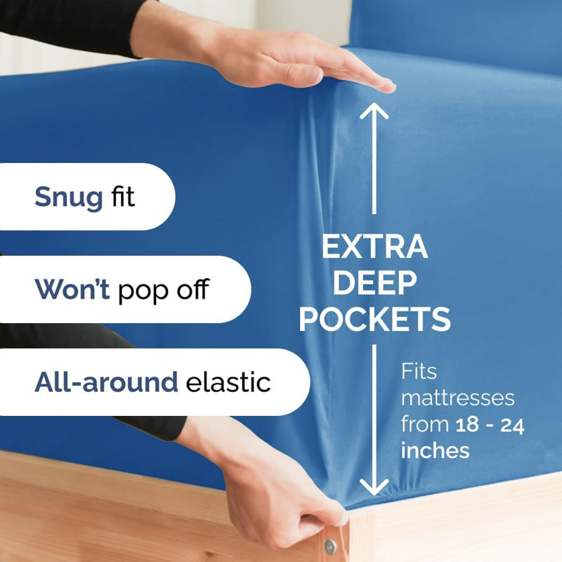 Extra Deep Pocket Sheet Set, Cooling & Breathable Bed Sheets, Soft Hotel Luxury Bedding, Fits 18–24 Inch Mattress, Denim Blue