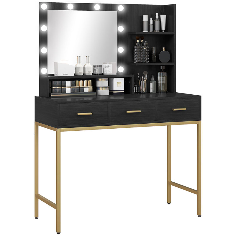 Coiffeuse, coiffeuse avec miroir à DEL et rangement, Noir