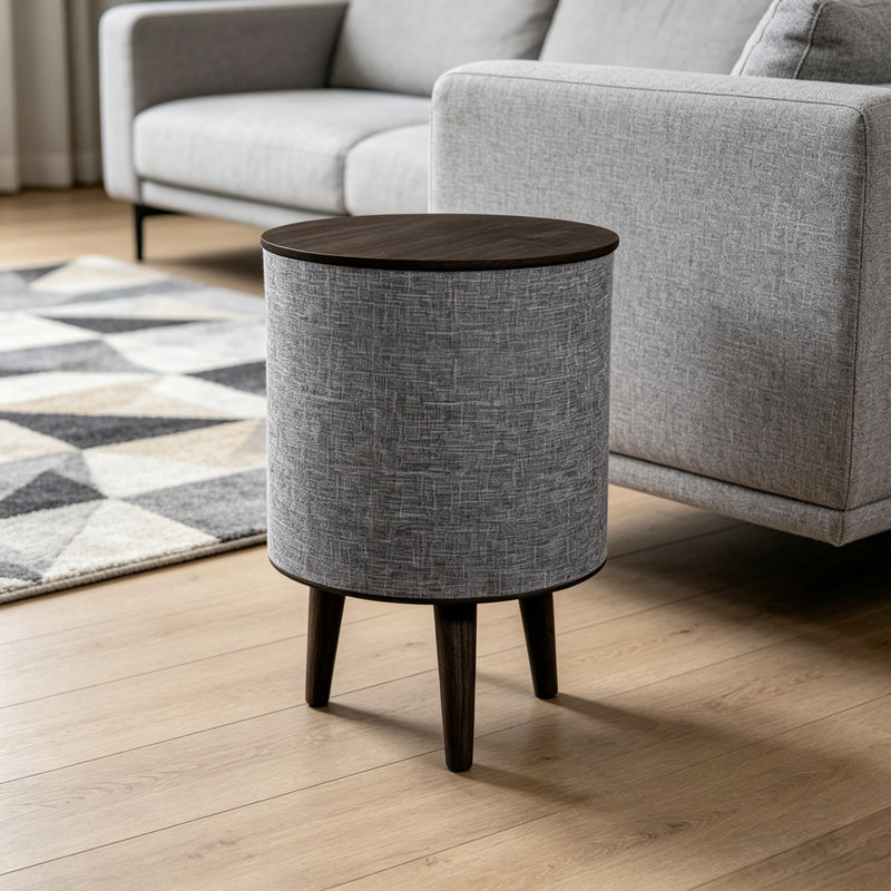 Table de bout intelligente avec haut-parleur Bluetooth et chargeur sans fil, bois noir et lin, batterie intégrée