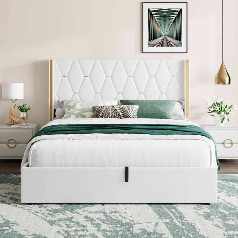 Base de lit avec rangement et tête de lit tapissier à oreilles, Lit double, Blanc