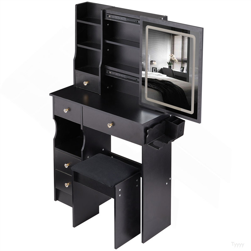29.2" Small Size Left Drawer Desktop Vanity Table + Cushioned Stool, 2 AC+2 USB Power Station, Hair Dryer Bracket, Extra Large Touch Control Sliding LED Mirror, Tri-Color Switching, Brightness Adjust