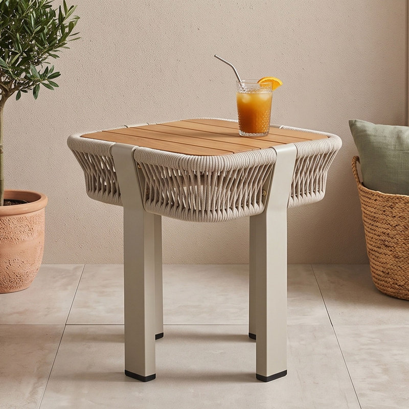 Table d'appoint en bois avec corde, Teck naturel beige