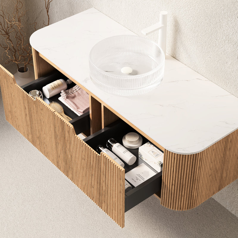 Meuble-lavabo flottant 48 po avec lavabo en verre cristal blanc, armoire de rangement, 2 tiroirs, pré-assemblé
