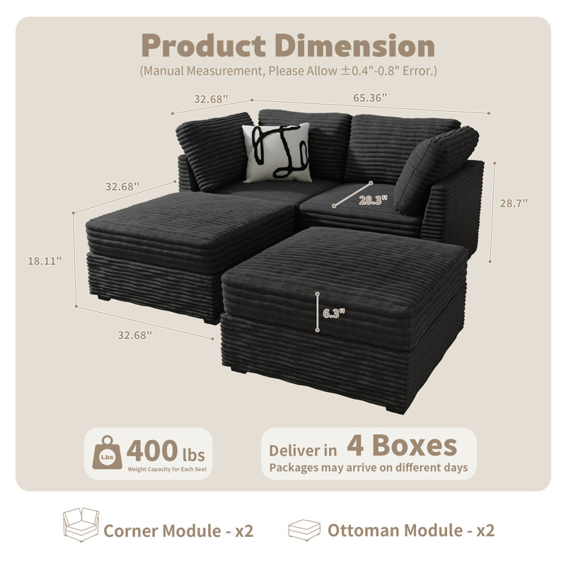 Modular Sleeper Sofa Bed, Plush Corduroy 65.36'' Loveseat With 2 Movable Ottomans, Comfy Cloud Couch Set For Living Room, 2-Seater Modular Sofa For Modern Homes