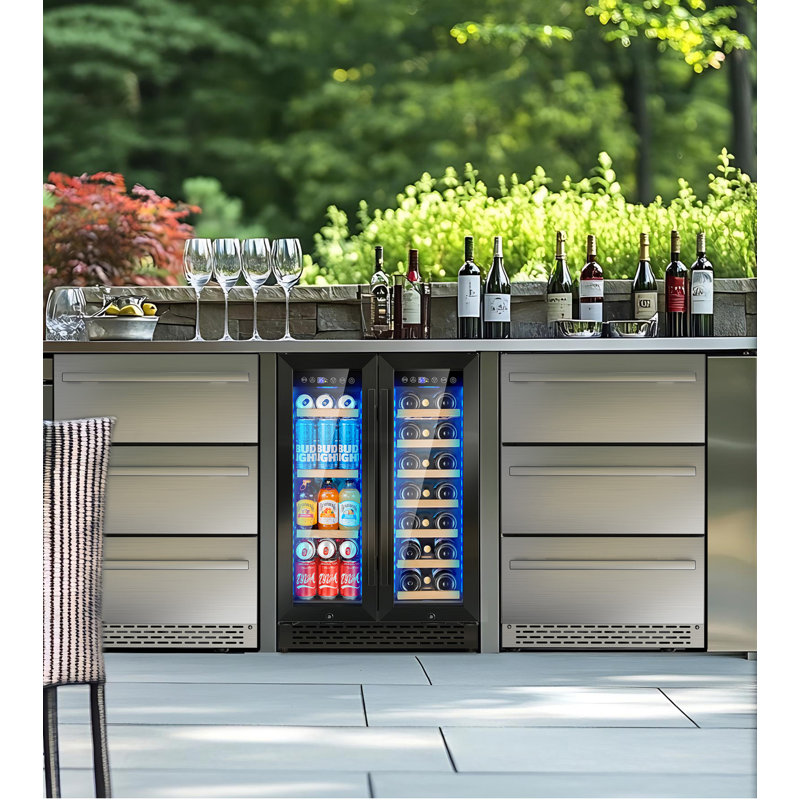 3 Led Wine And Beverage Refrigerator, 90 Can & 21 Bottle Dual Zone Stainless-Steel Wine Beverage Cooler, 24 Inch Built-In Or Freestanding Wine And Drink Fridge Fast Cooling