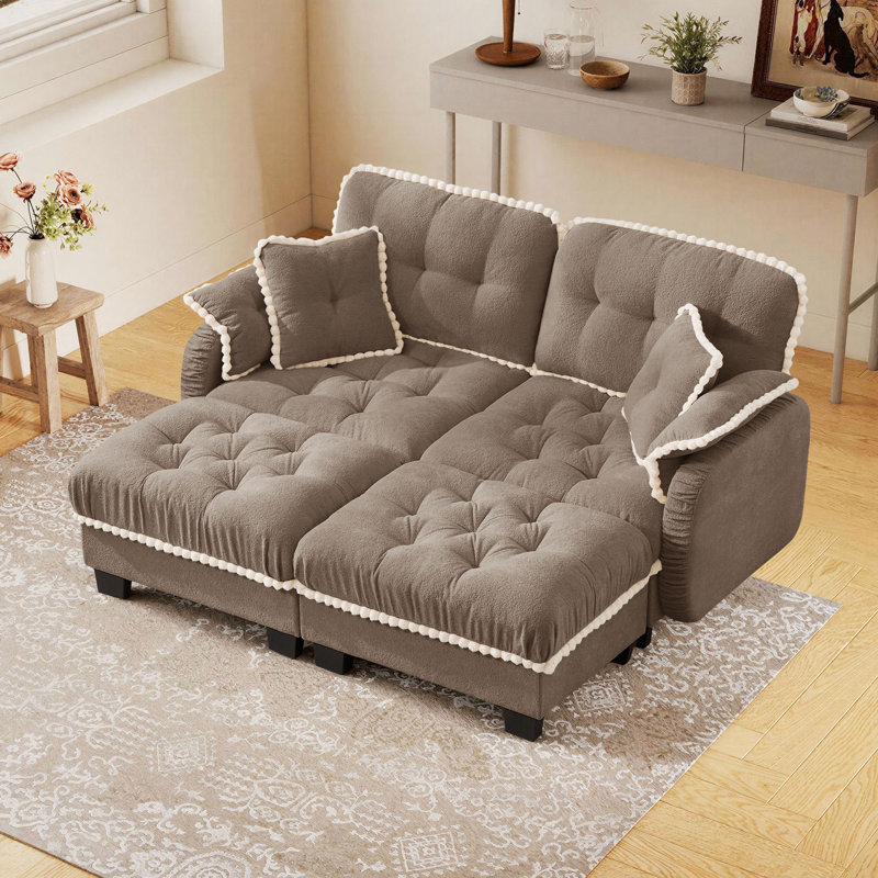 Canapé en chenille avec 4 coussins et garniture pompon avec 2 repose-pieds Chenille, Chenille café clair