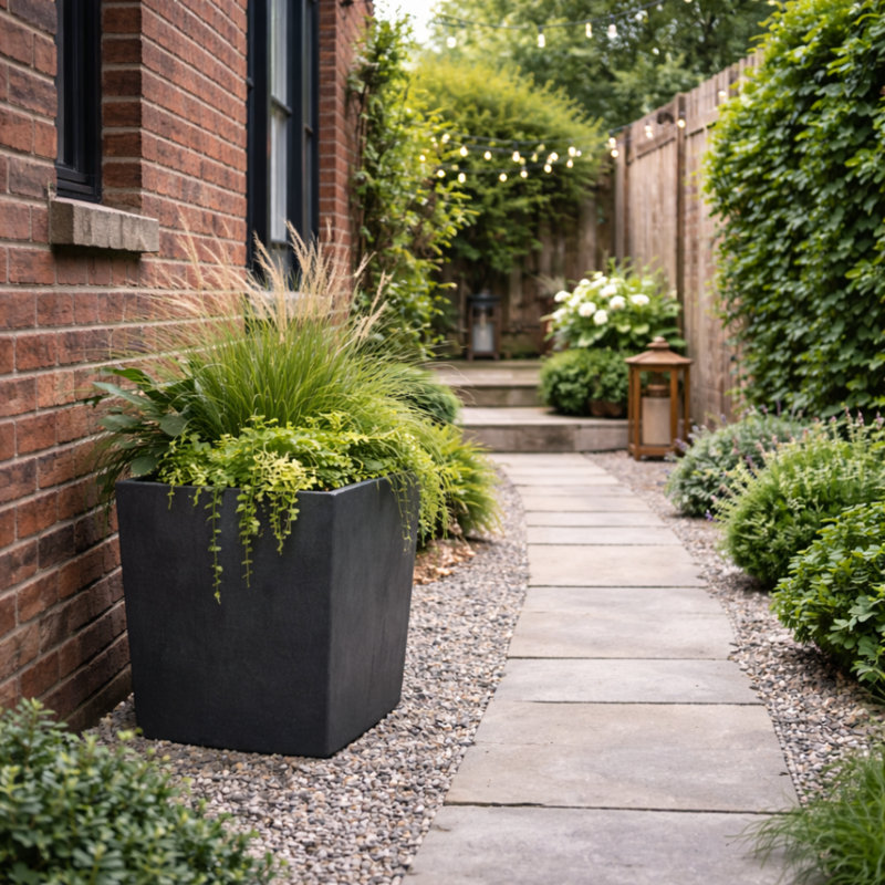 Taiyari Planter Concrete Effect Recycled Plastic Garden Trough, Black , 25.6cm H x 25cm W x 25cm D