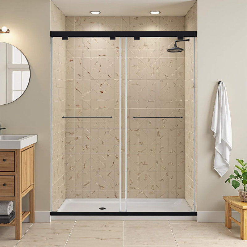 Porte de douche double coulissante noire matte sans cadre de 50 à 54 po x 76 à 5/16 po (8 mm) nord-américaine avec fonction de fermeture en douceur réglable avec nettoyage facile et bâton anti-déflagrant Menbrance, certifié sgcc
