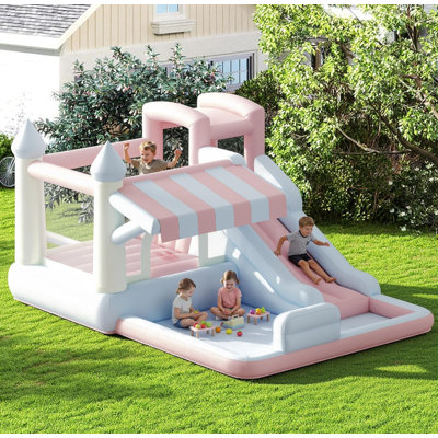 Château gonflable Albott, glissade d'eau avec zone de saut, mur d'escalade, pataugeoire et pistolet à eau, utilisable à l'intérieur comme à l'extérieur pour les grands enfants, gonfleur inclus, rose et violet, 450 x 414 x 240 cm