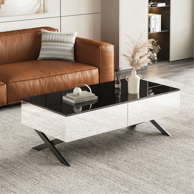 Table basse rectangulaire à miroir pour le salon avec rangement et base en métal, 2 tiroirs, plateau noir ultrabrillant, 47,3 po