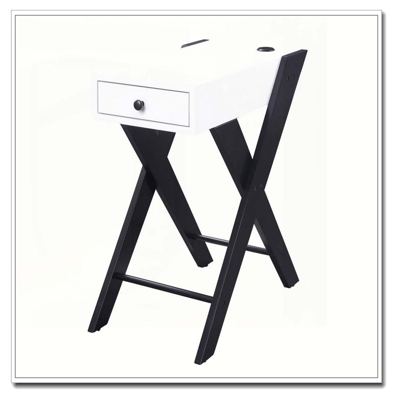 White and Black Side Table with USB Ports, White