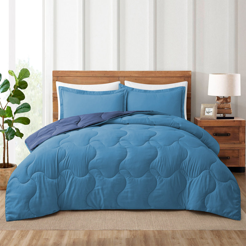 Ensemble d'édredon réversible en microfibre , Édredon double + 2 taies d'oreiller standard, Bleu foncé / Gris foncé