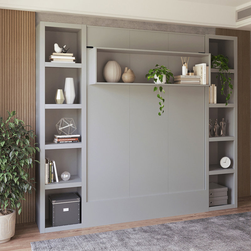 Lit escamotable Easy-Lift en grain de bois avec deux étagères, gris, Grand lit