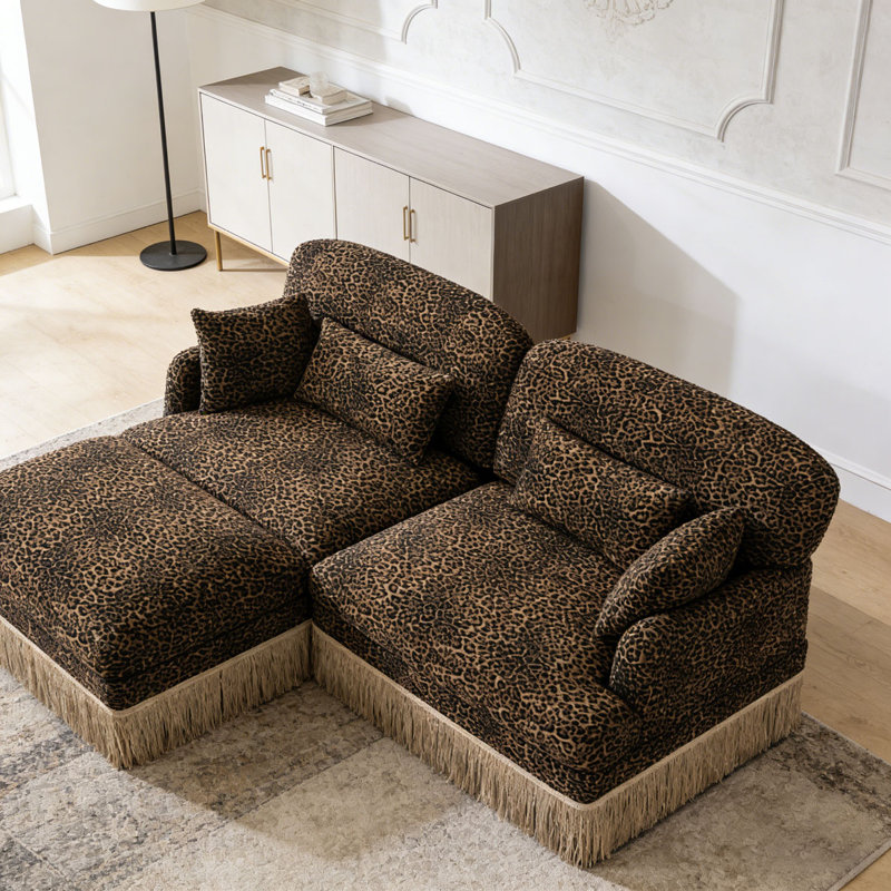 Comfy Chenille Leopard Printing Sofa,Delicate Tassel Edge,Movable Ottomans,Modern Fashion Style, Brown+2seat+1Ottomans