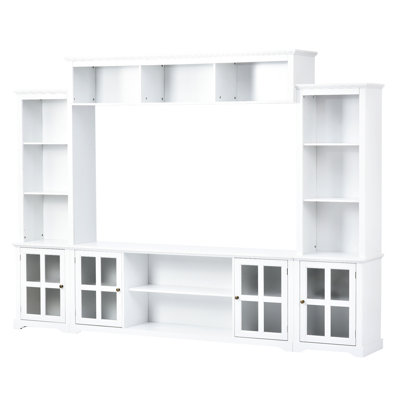 Meuble télé moderne pour téléviseur de 70 po, meuble télé blanc moderne avec porte en verre trempé, nombreuses options de rangement, support, porte et nombreuses possibilités de présentation