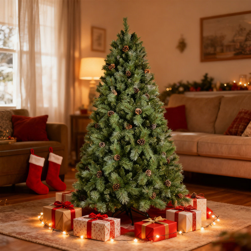 Arbre de Noël 6 pi avec lumières à DEL blanc chaud et pommes de pin, conception à branches articulées, arbre de Noël réaliste