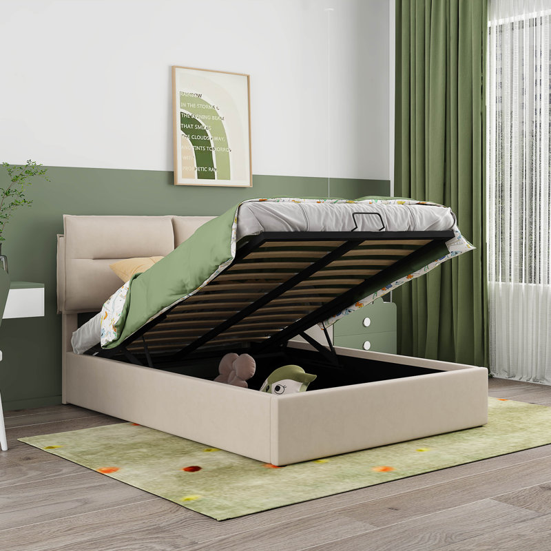 Lit avec rangement rembourré Deaysia, Complète, Beige