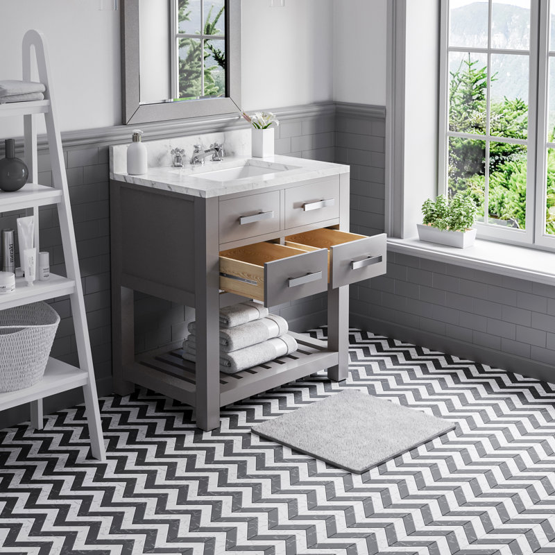 Parmer 30" Carrara White Marble Countertop Bath Vanity with Mirror, Grey