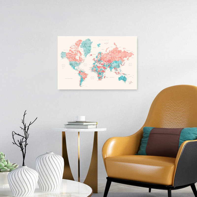 Carte du monde à l'aquarelle, impression d'art mural contemporain, H 16 po x l 24 po