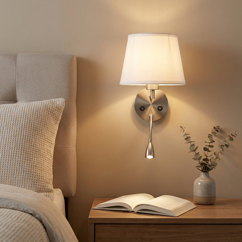 Applique murale câblée réglable noire moderne à deux lumières avec lampe de lecture à DEL de 3 W et abat-jour en tissu E26 pour le chevet